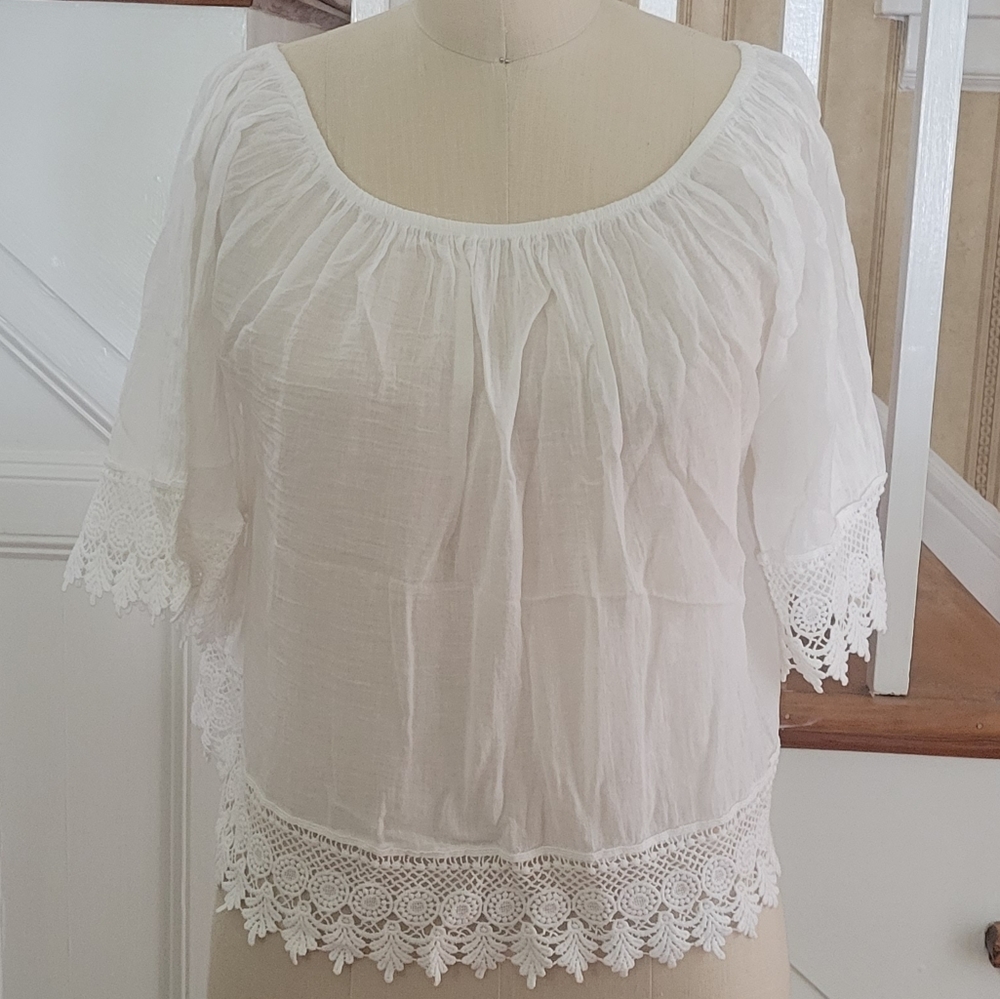 LOLA Linen Lace Blouse White Top Size Large - Picture 2 of 7